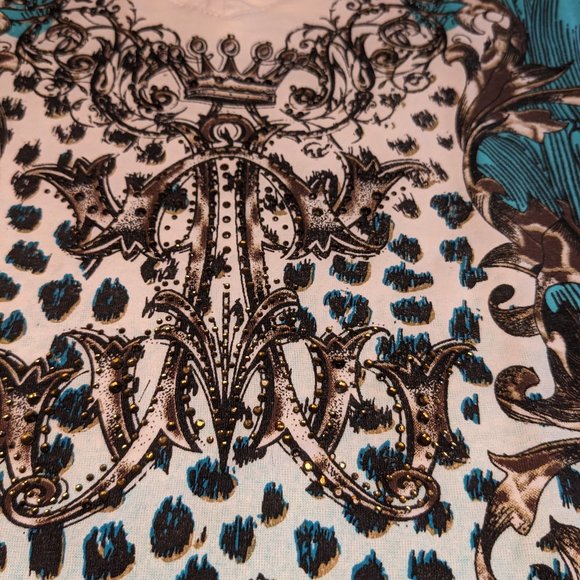 Vintage Y2K Designer Animal Print Crown Rhinestone Maximalist V Neck Tee - Picture 9 of 11